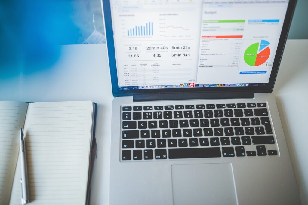 Werken op de laptop aan affiliate marketing cursus met statistieken en inkomstenoverzicht op het scherm