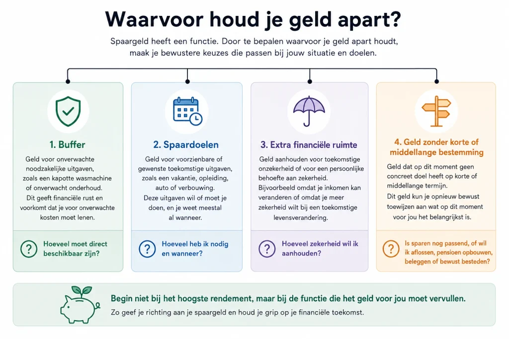 Overzicht van vier functies van spaargeld: een buffer, spaardoelen, extra financiële ruimte en geld waarvan de bestemming opnieuw kan worden afgewogen.